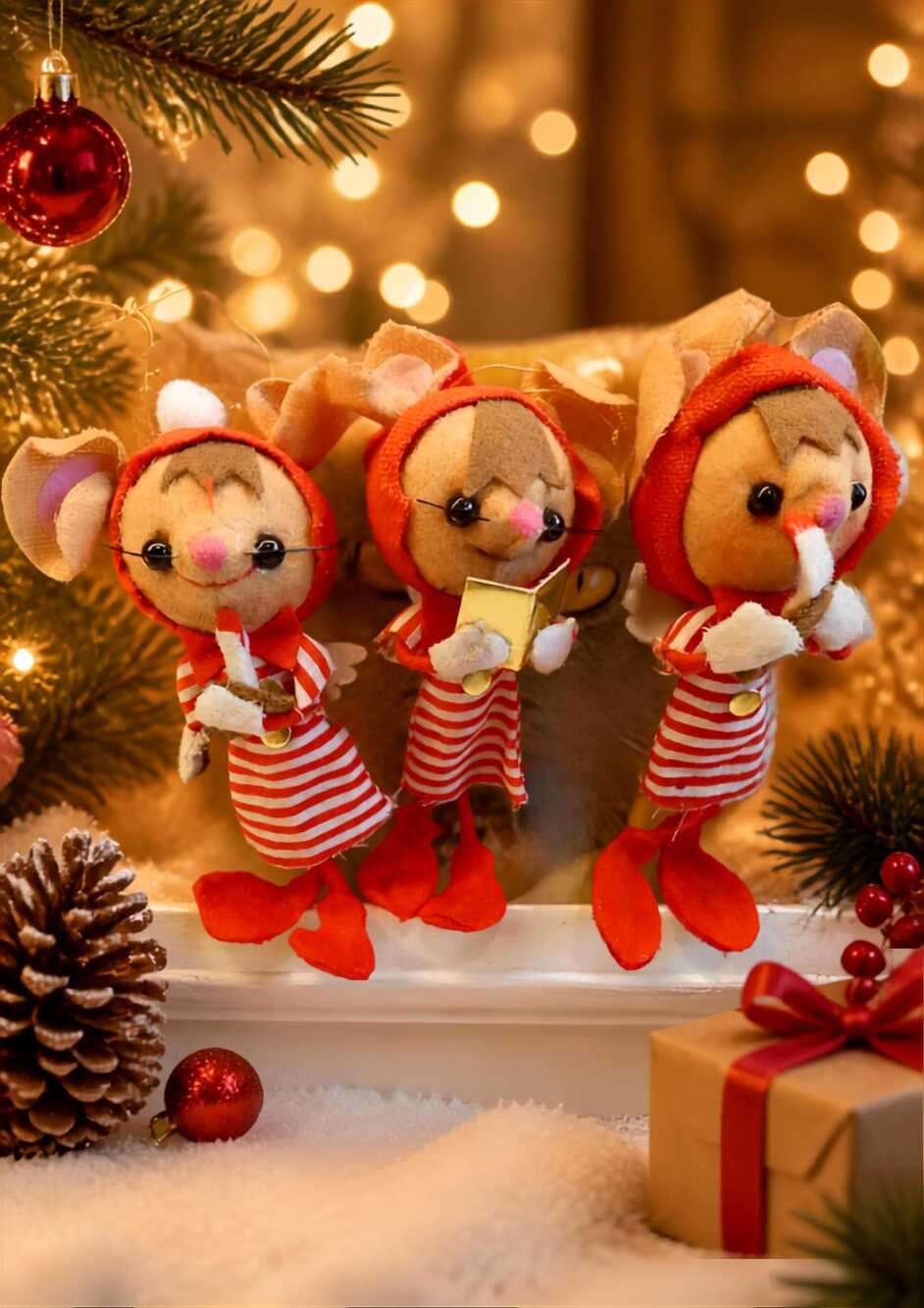 Vintage 1950s Felt Elf Mice Christmas Ornaments Set of 3 Angel Wing Mice